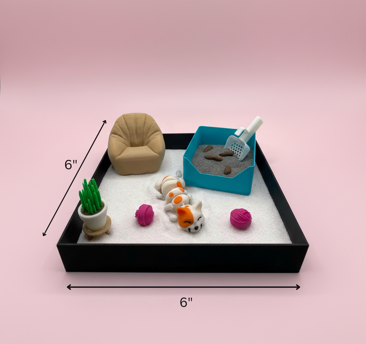 Lazy Cat Mini Zen Garden Sand Tray Kit Cute Cat Desk Decor Mini Sand Garden Stress Relief Desk Toy 3D Printed Office Cubicle Decor Gift