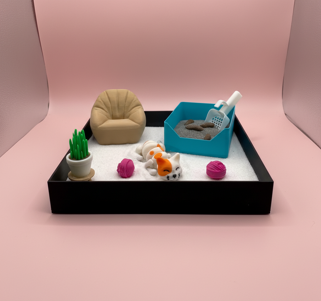 Lazy Cat Mini Zen Garden Sand Tray Kit Cute Cat Desk Decor Mini Sand Garden Stress Relief Desk Toy 3D Printed Office Cubicle Decor Gift