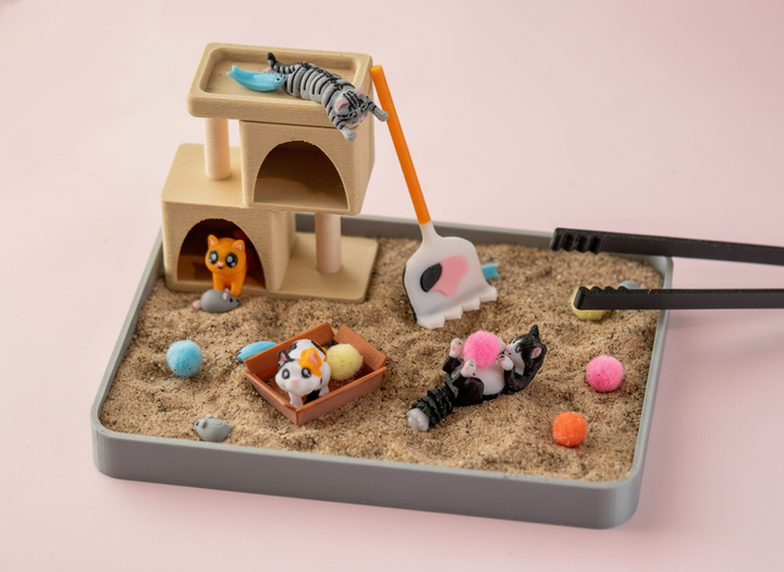 Mini Cat Zen Garden Sand Tray Kit – Cute Cat Desk Decor, Stress Relief Sandbox Fidget Toy, 3D Printed Office Cubicle Gift