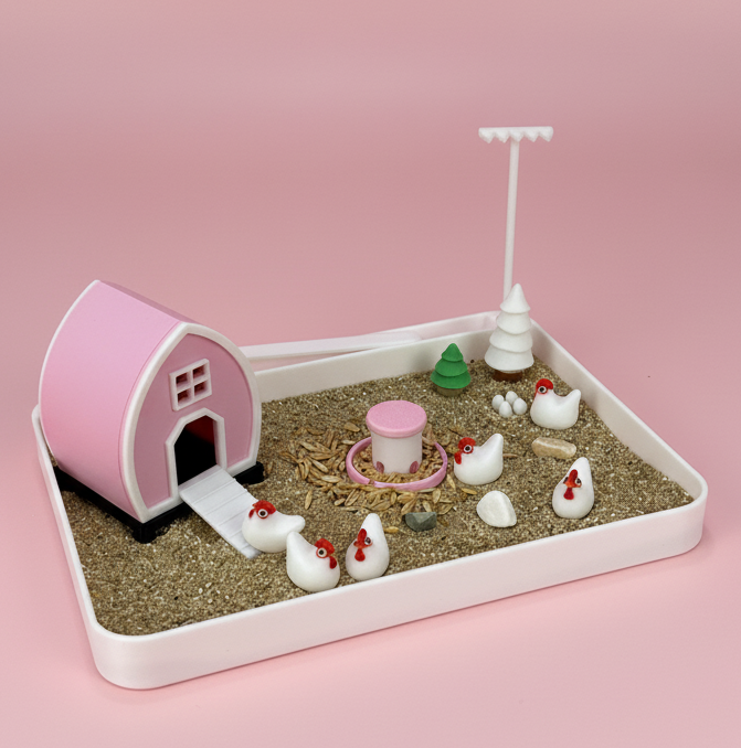 Chicken Mini Zen Garden Sand Tray Kit – Farm Chicken Desk Decor, Stress Relief Fidget Sandbox, 3D Printed Office Desk Gift