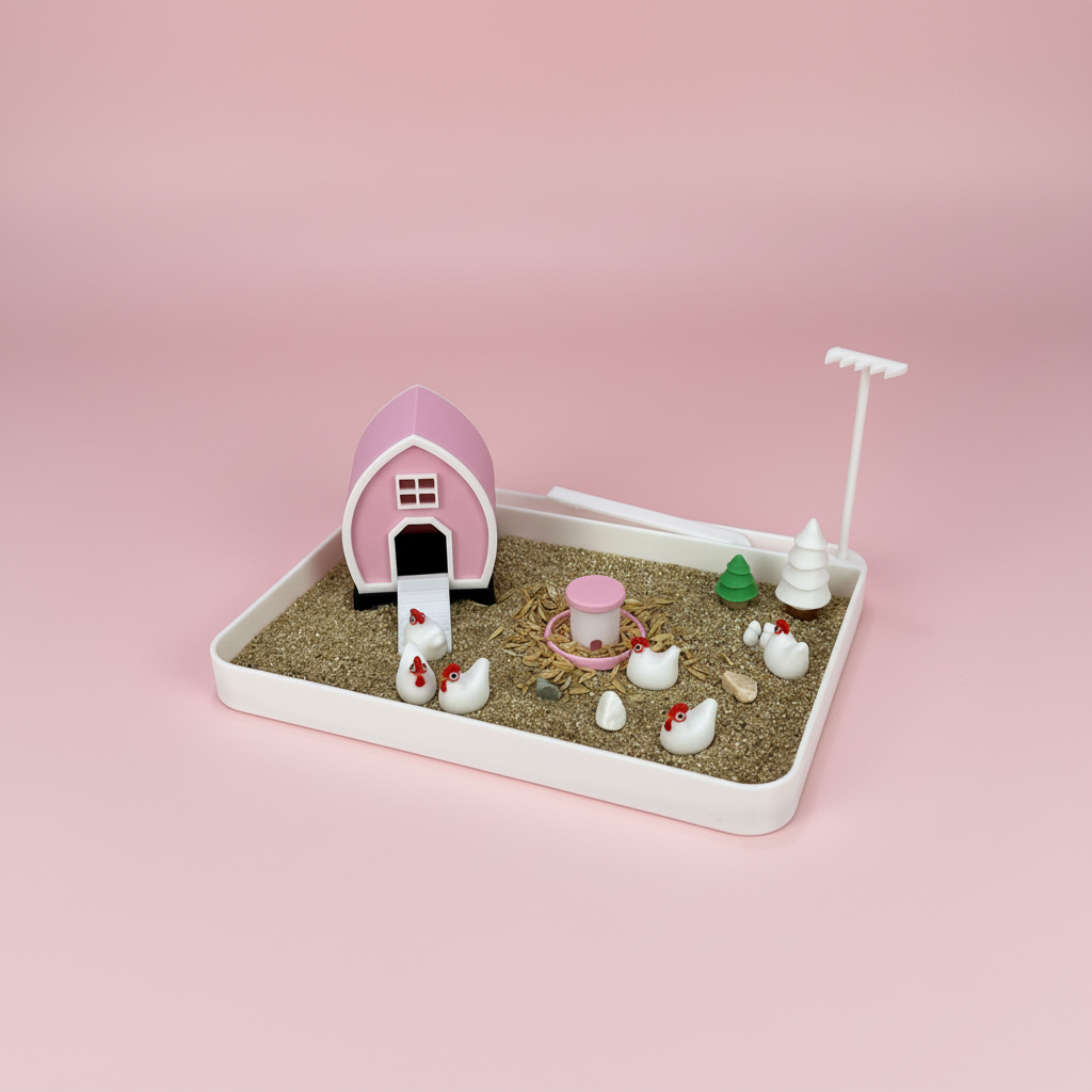 Chicken Mini Zen Garden Sand Tray Kit – Farm Chicken Desk Decor, Stress Relief Fidget Sandbox, 3D Printed Office Desk Gift