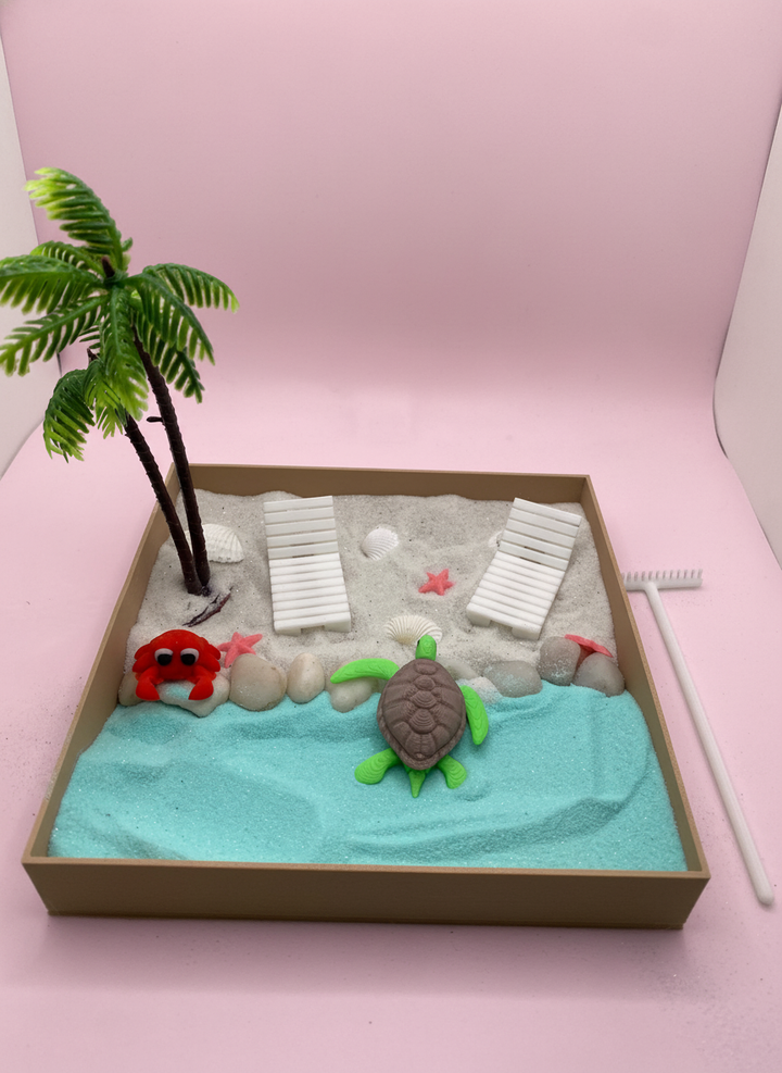 Caribbean Beach Mini Zen Garden Sand Tray Kit Tropical Desk Decor Mini Sand Garden Stress Relief Desk Toy 3D Printed Office Cubicle Decor Gift