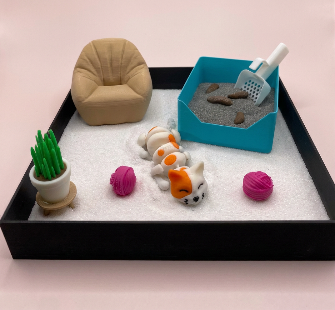 Lazy Cat Mini Zen Garden Sand Tray Kit Cute Cat Desk Decor Mini Sand Garden Stress Relief Desk Toy 3D Printed Office Cubicle Decor Gift