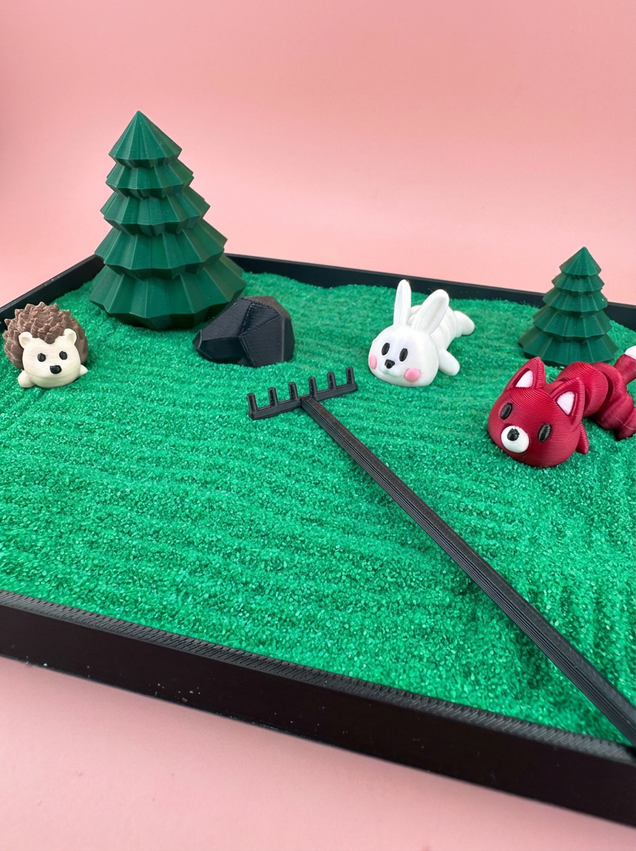 Woodland Mini Zen Garden Sand Tray Kit – Forest Animal Desk Decor, Stress Relief Fidget Sandbox, 3D Printed Office Desk Gift