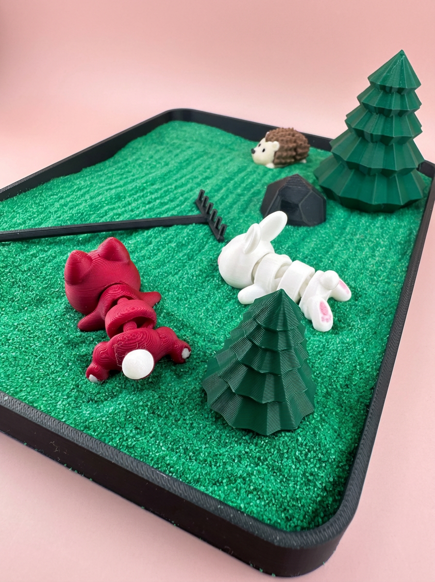 Woodland Mini Zen Garden Sand Tray Kit – Forest Animal Desk Decor, Stress Relief Fidget Sandbox, 3D Printed Office Desk Gift