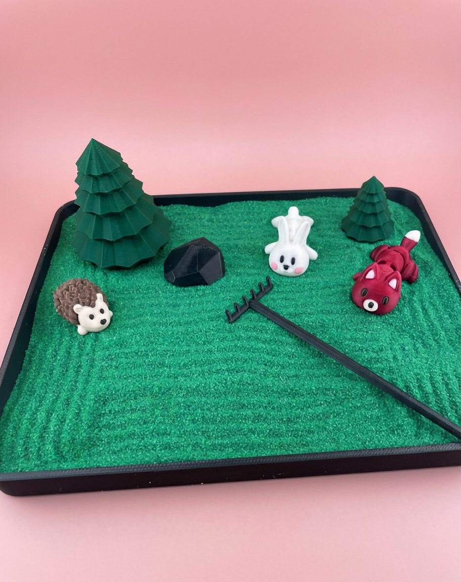 Woodland Mini Zen Garden Sand Tray Kit – Forest Animal Desk Decor, Stress Relief Fidget Sandbox, 3D Printed Office Desk Gift