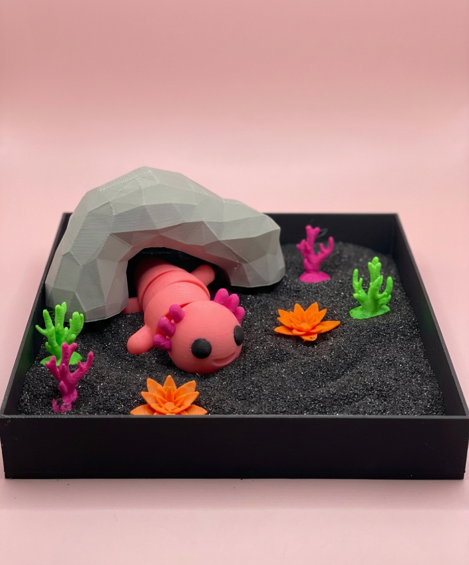 Axolotl Mini Zen Garden Sand Tray Kit – Cute Aquarium Desk Decor, Stress Relief Fidget Sandbox, 3D Printed Office Desk Gift