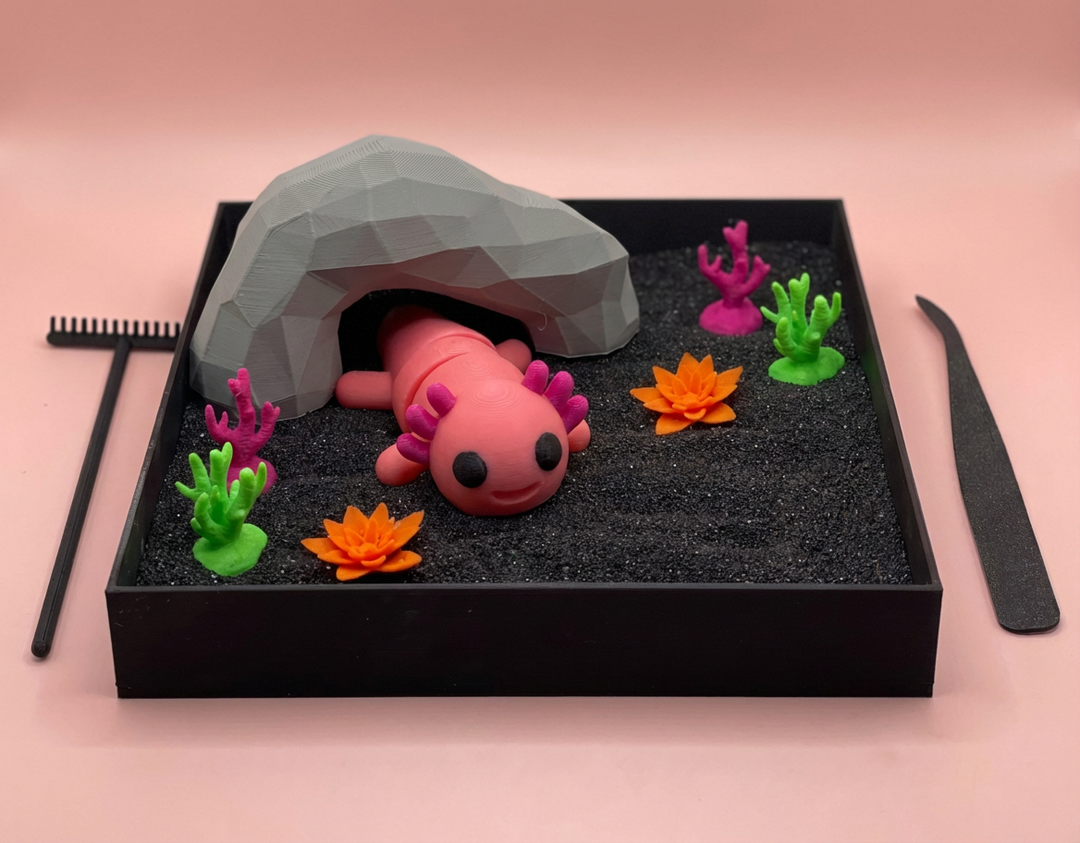 Axolotl Mini Zen Garden Sand Tray Kit – Cute Aquarium Desk Decor, Stress Relief Fidget Sandbox, 3D Printed Office Desk Gift
