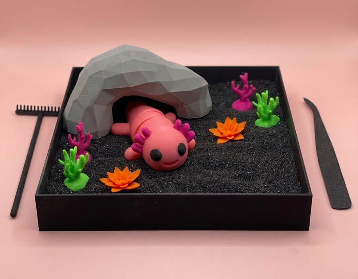Axolotl Mini Zen Garden Sand Tray Kit – Cute Aquarium Desk Decor, Stress Relief Fidget Sandbox, 3D Printed Office Desk Gift