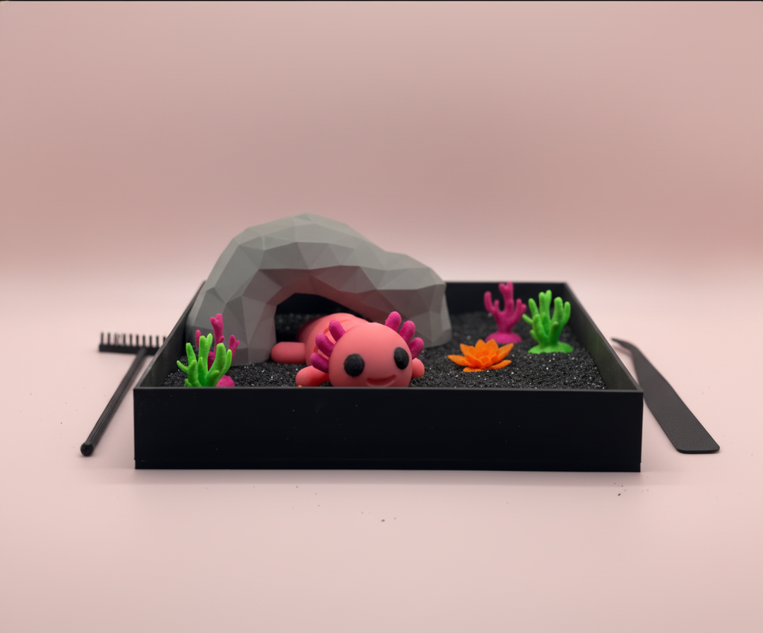 Axolotl Mini Zen Garden Sand Tray Kit – Cute Aquarium Desk Decor, Stress Relief Fidget Sandbox, 3D Printed Office Desk Gift