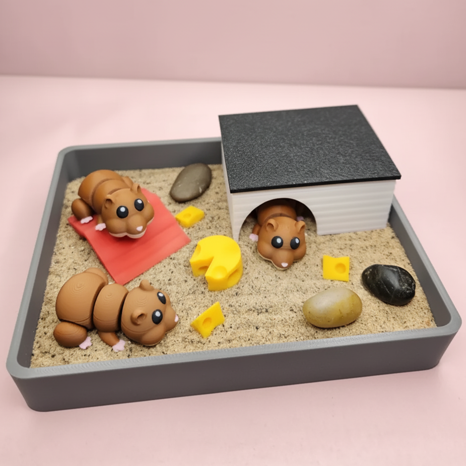 Hamster Mini Zen Garden Sand Tray Kit – Cute Hamster Desk Decor, Stress Relief Fidget Sandbox, 3D Printed Office Desk Gift