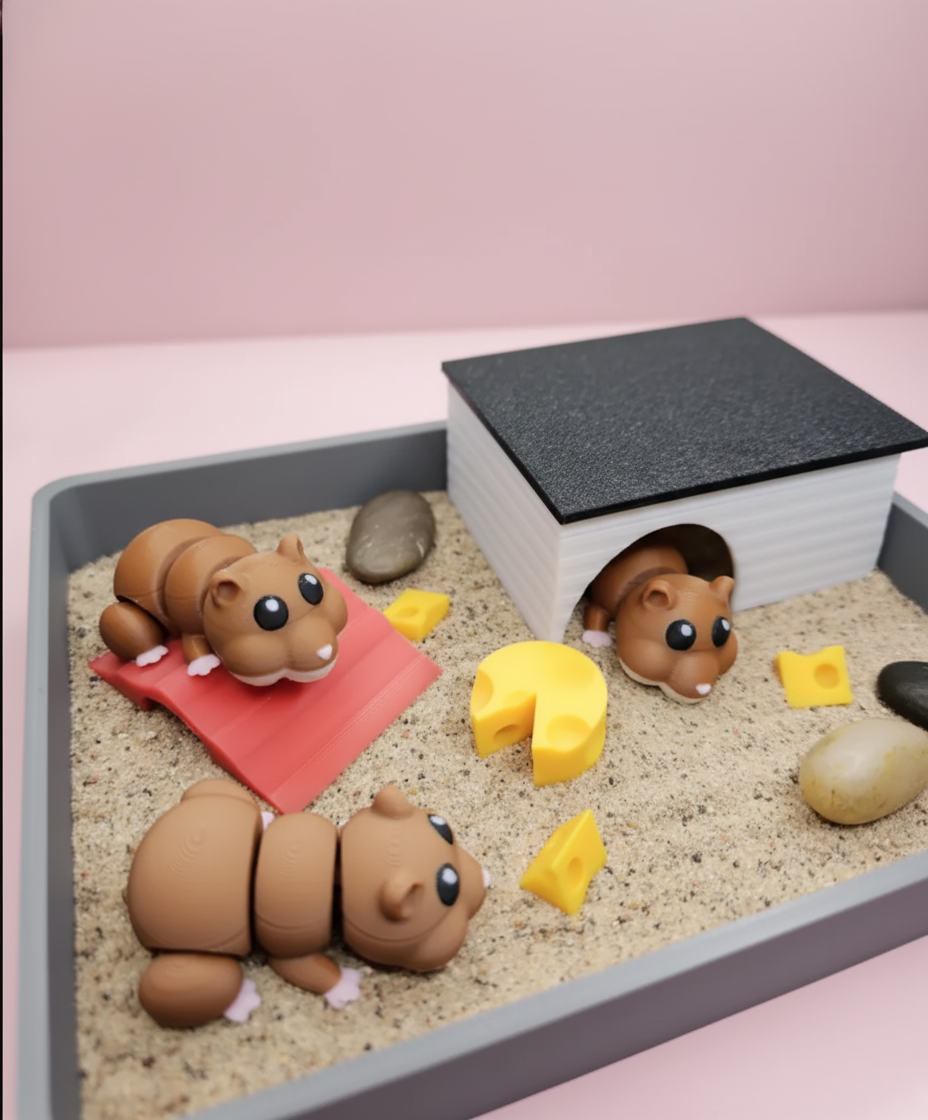 Hamster Mini Zen Garden Sand Tray Kit – Cute Hamster Desk Decor, Stress Relief Fidget Sandbox, 3D Printed Office Desk Gift