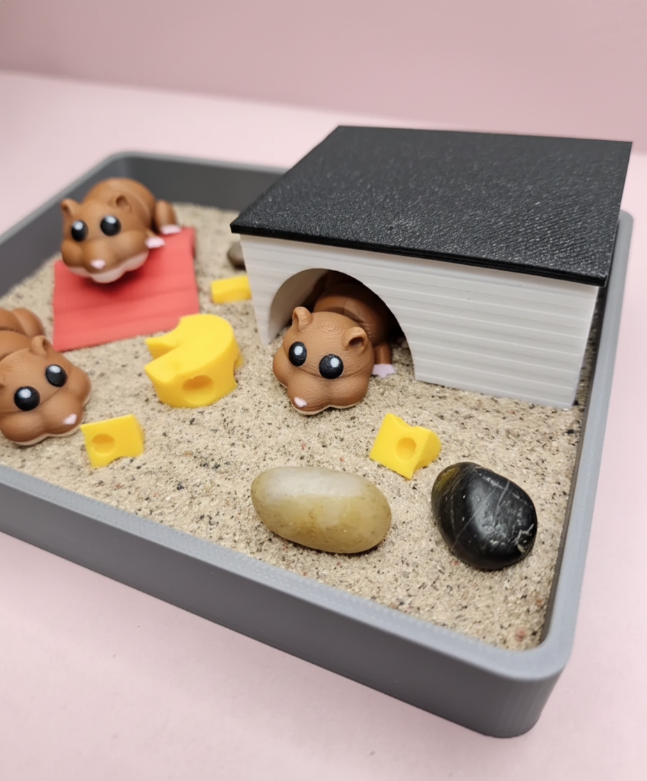 Hamster Mini Zen Garden Sand Tray Kit – Cute Hamster Desk Decor, Stress Relief Fidget Sandbox, 3D Printed Office Desk Gift