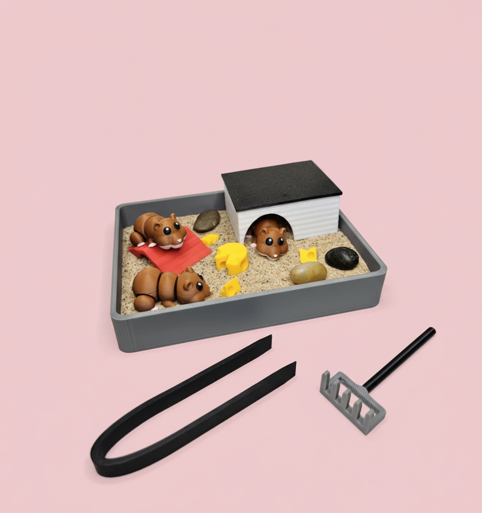 Hamster Mini Zen Garden Sand Tray Kit – Cute Hamster Desk Decor, Stress Relief Fidget Sandbox, 3D Printed Office Desk Gift