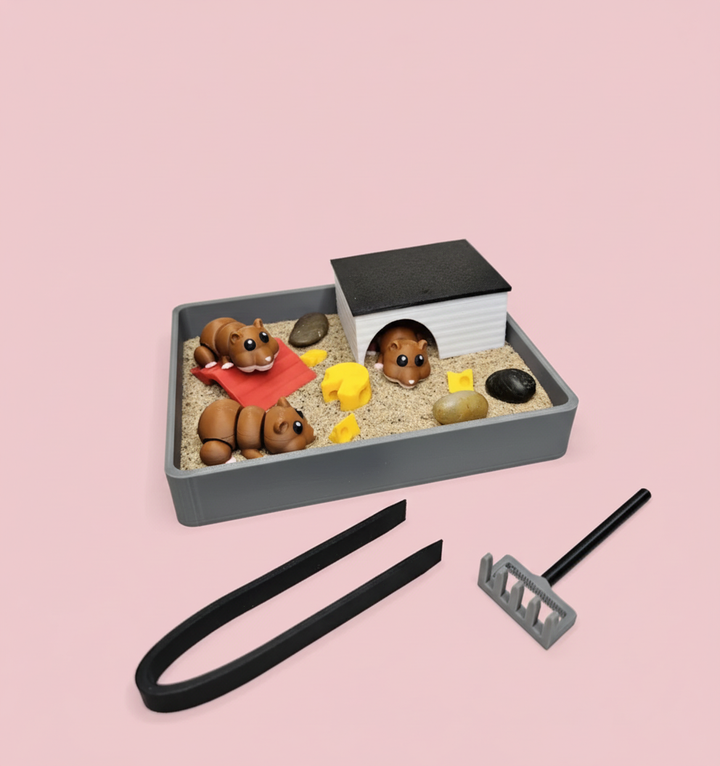 Hamster Mini Zen Garden Sand Tray Kit – Cute Hamster Desk Decor, Stress Relief Fidget Sandbox, 3D Printed Office Desk Gift
