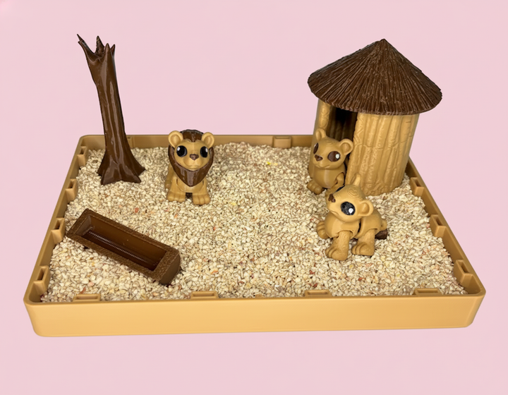 Lion Safari Mini Zen Garden Sand Tray Kit – Cute Lion Desk Decor, Stress Relief Fidget Sandbox, 3D Printed Office Desk Gift