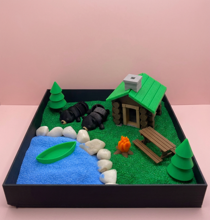 Log Cabin Mini Zen Garden Sand Tray Kit – DIY Cabin Desk Decor, Stress Relief Fidget Sandbox, 3D Printed Office Desk Gift
