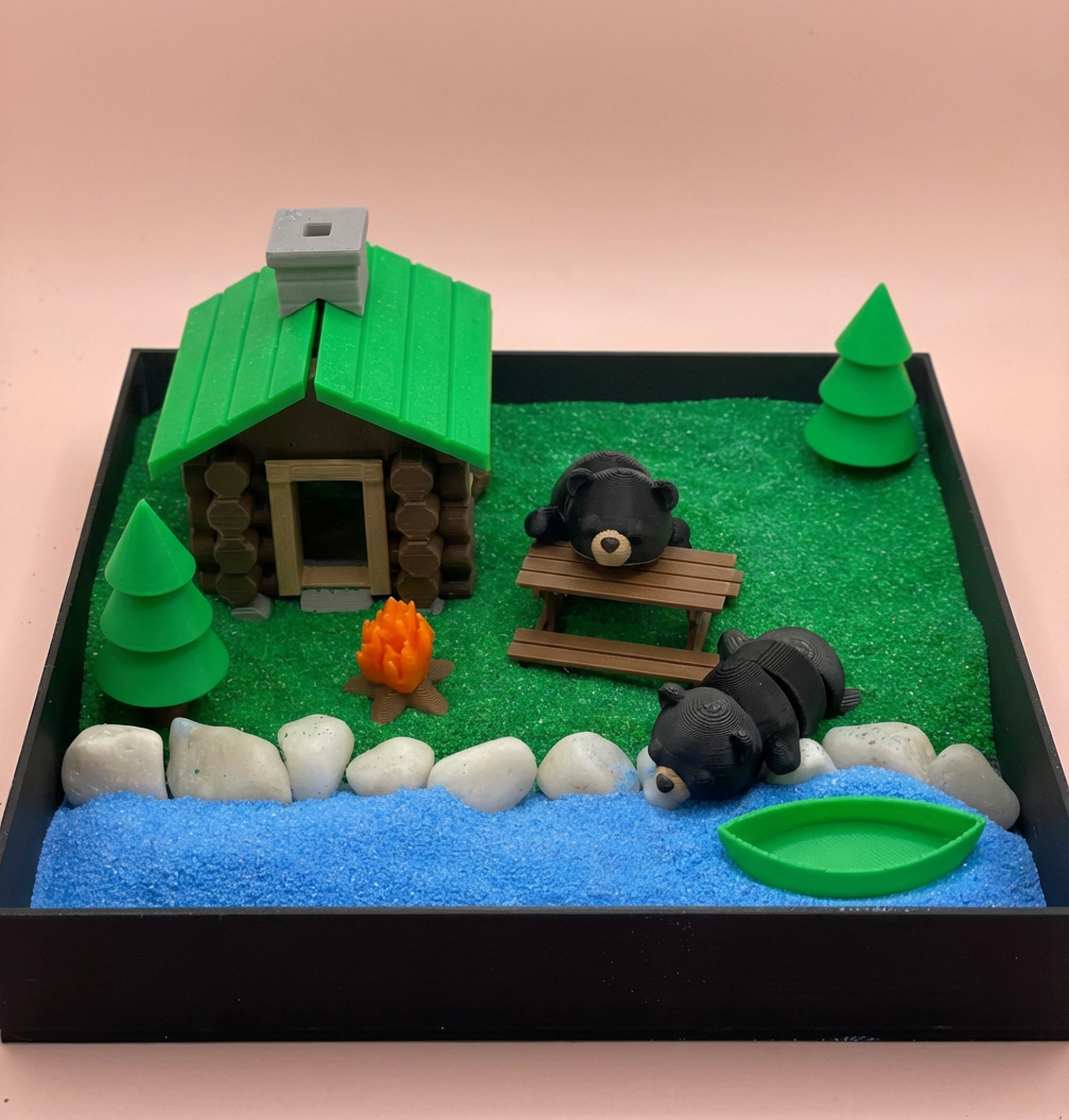 Log Cabin Mini Zen Garden Sand Tray Kit – DIY Cabin Desk Decor, Stress Relief Fidget Sandbox, 3D Printed Office Desk Gift