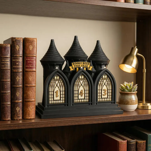 Light Up 3D Printed Gothic Castle Book Tracker, Reading Goal Counter with Interchangeable Signs, Dark Academia Decor, Fantasy Gift