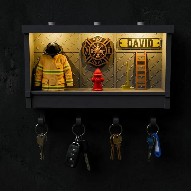 Custom Firefighter Key Holder, Personalized Shadow Box Decor
