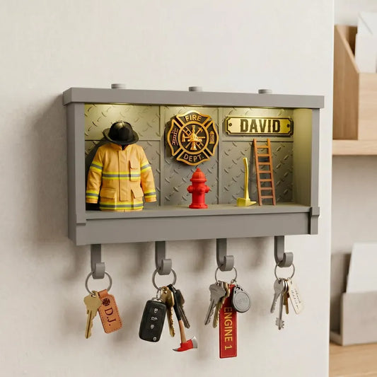 Custom Name Firefighter Shadow Box Key Holder, 3D Printed Firefighter Wall Decor, Personalized Fire Dept Key Hanger, Proud Fireman Gift
