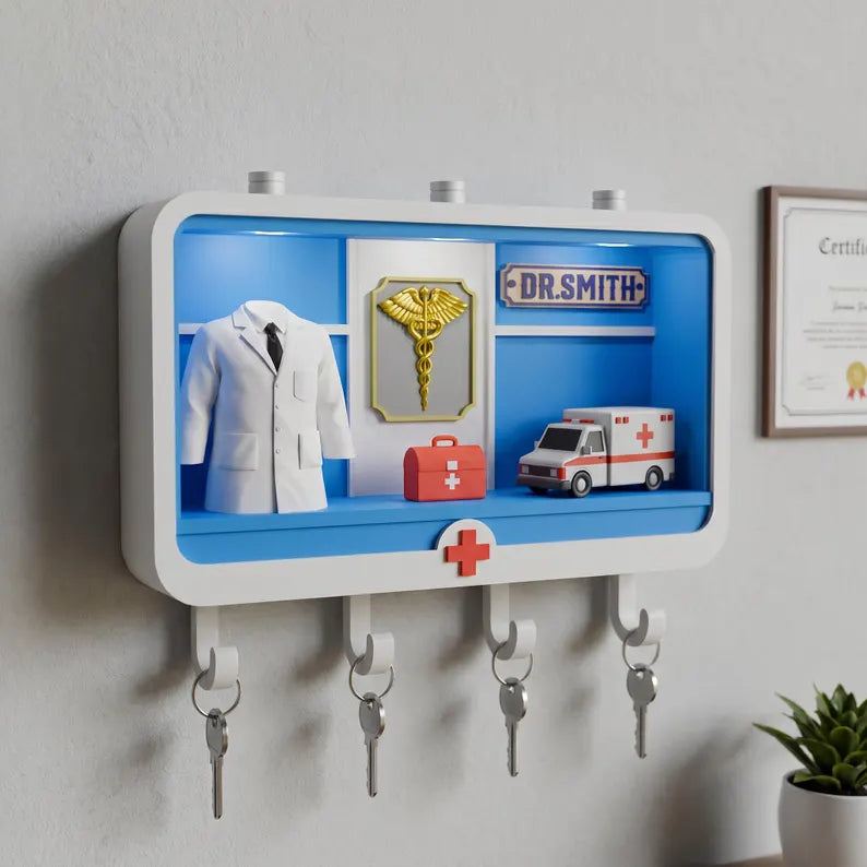 Custom Doctor Key Holder, Personalized Shadow Box Wall Decor