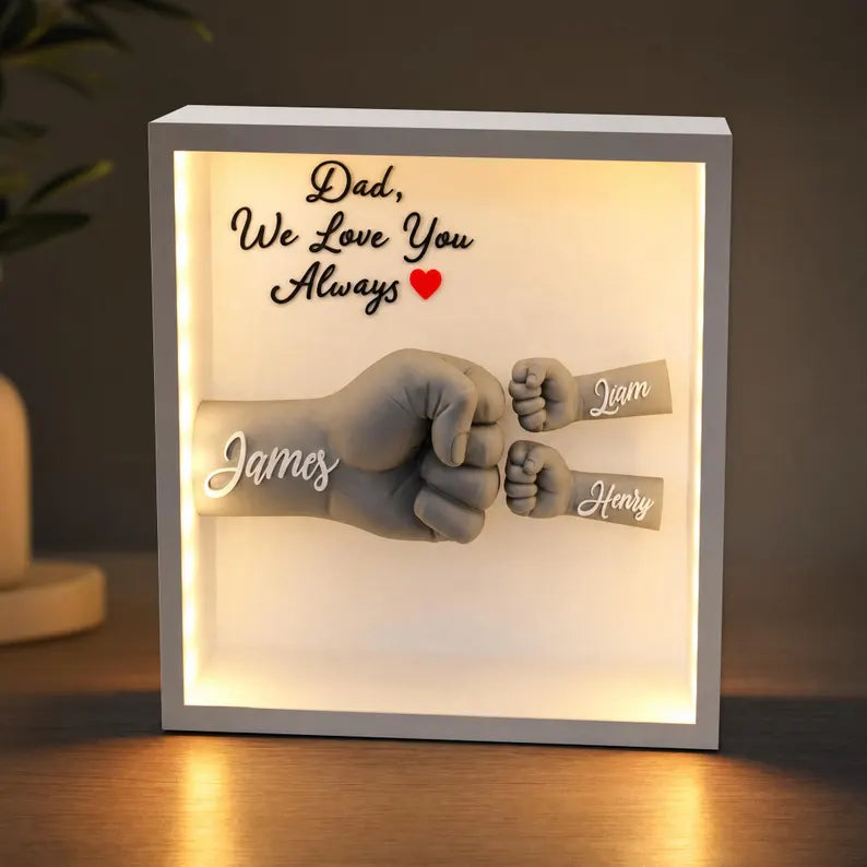 Personalized Fist Bump LED Shadow Box, Custom Family Name Keepsake