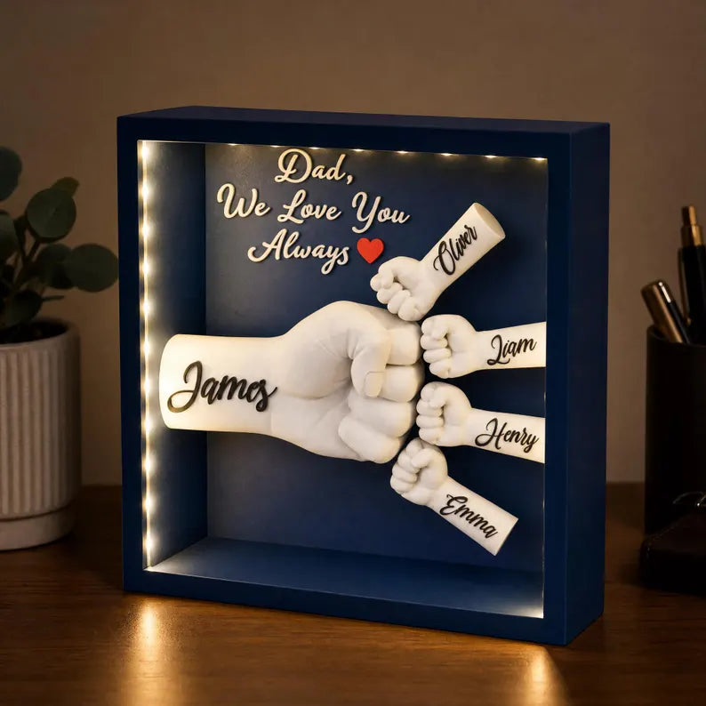 Personalized Fist Bump LED Shadow Box, Custom Family Name Keepsake