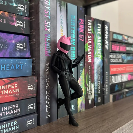 Female Biker Reading Book Figurine, 3D Printed Bookshelf Decor, Motorcycle Girl Book Nook Statue, Unique Gift for Readers