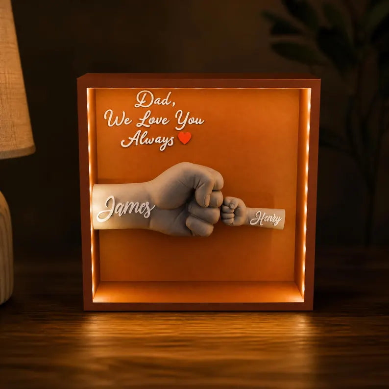 Personalized Fist Bump LED Shadow Box, Custom Family Name Keepsake