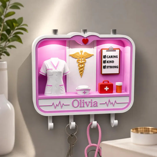 Personalized Nurse Shadow Box Key Holder, Custom Name Wall Decor, Custom Nurse Key Rack 3D-Printed Wall Key Holder, Proud Nurse Gift