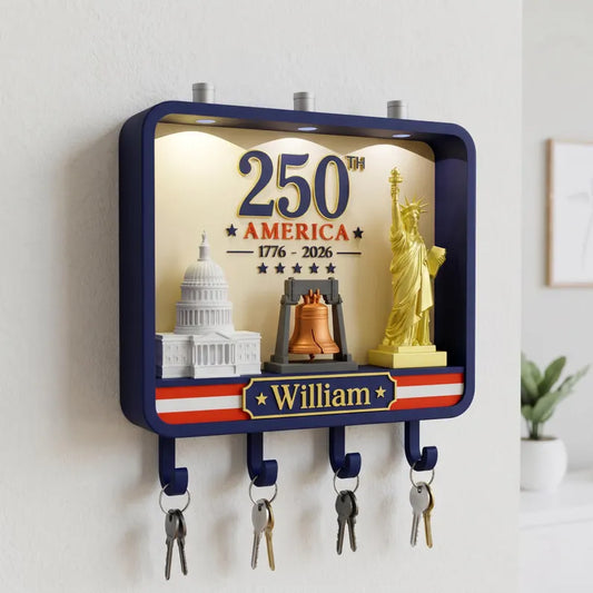 Custom Name America 250th Anniversary Key Holder, 3D Printed LED Wall Decor, Independence Day Gift, 4th of July Gift for Friends and Family