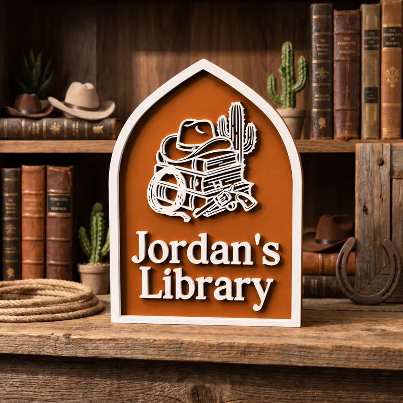 Custom Library Name Sign, Personalized Bookshelf Decor