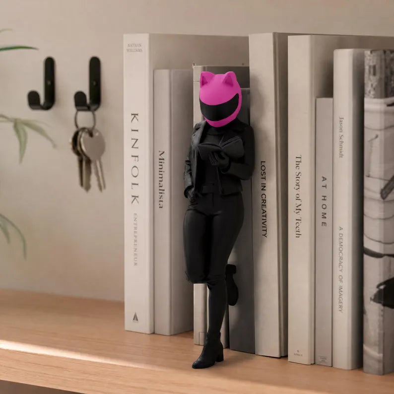 Female Biker Reading Book Figurine, Book Nook Decor