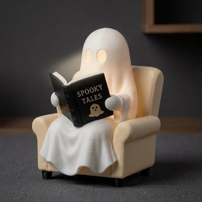 Cute Reading Ghost Figurine, LED Bookshelf Decor