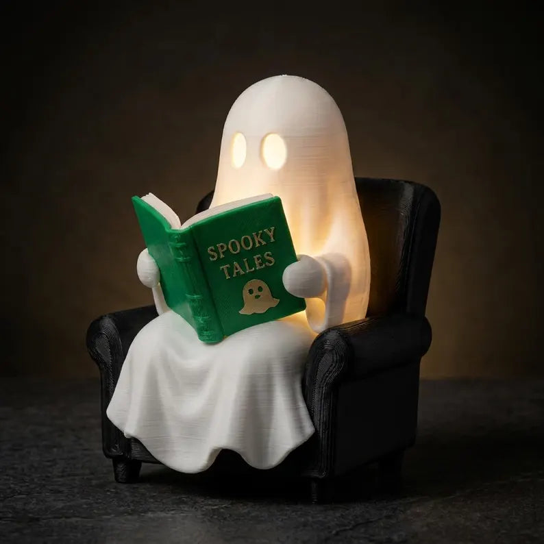 Cute Reading Ghost Figurine, LED Bookshelf Decor