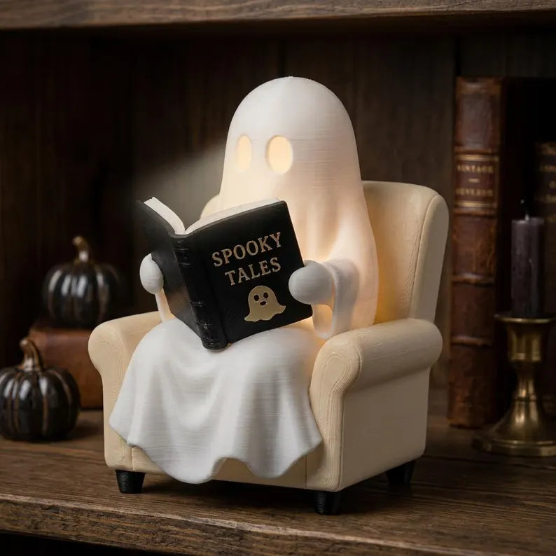 Cute Reading Ghost Figurine, LED Bookshelf Decor
