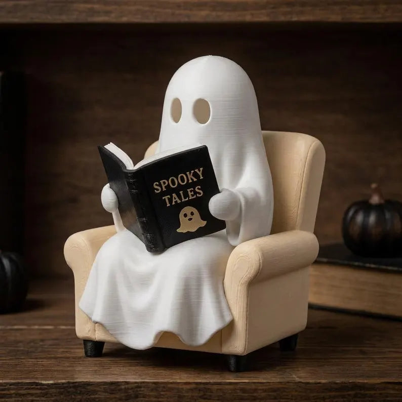 Cute Reading Ghost Figurine, LED Bookshelf Decor