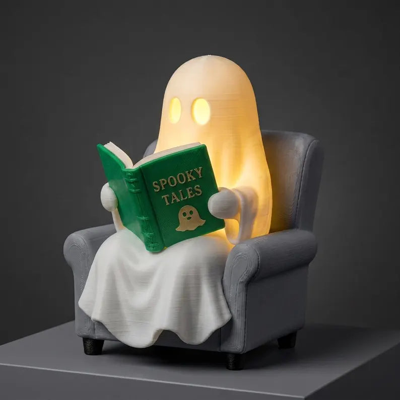 Cute Reading Ghost Figurine, LED Bookshelf Decor