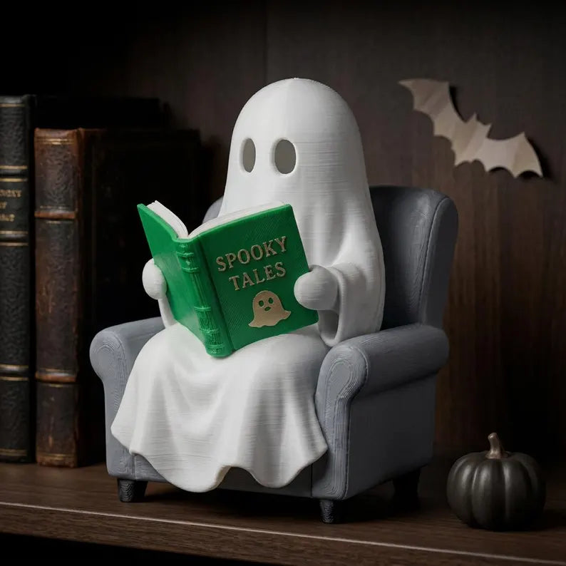 Cute Reading Ghost Figurine, LED Bookshelf Decor